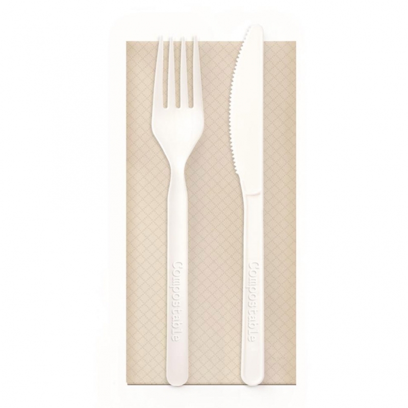 Set forchetta+coltello rinforzate Design in CPLA cm 17+ tovagliolo in bamboo cm 33x33 2 veli biocompostabile 