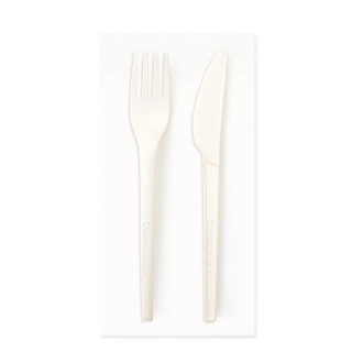 Set forchetta+coltello in CPLA cm 16,5+ tovagliolo cm 33x33 2 veli biocompostabile  