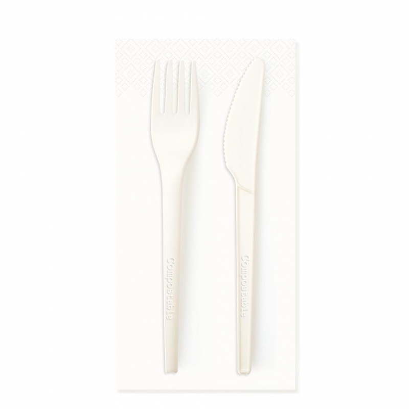 Set forchetta+coltello in CPLA cm 16,5+ tovagliolo cm 33x33 2 veli biocompostabile 