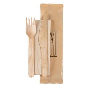 Set forchetta+coltello in legno cerato cm 16 con tovagliolo in fibra di bamboo 