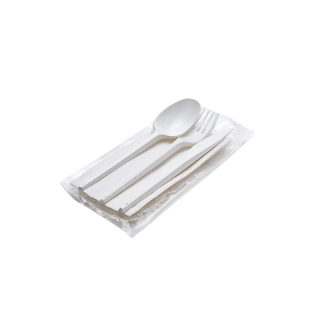 Tris posate plastica bianca con tovagliolo cm 30x30 1 velo 