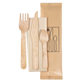 Set forchetta+coltello+cucchiaino in legno cerato cm 16 con tovagliolo in fibra di bamboo 