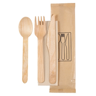 Set forchetta+coltello+cucchiaio in legno cerato cm 16 con tovagliolo in fibra di bamboo 