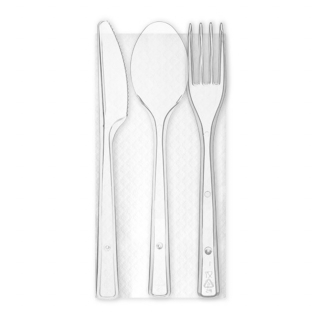 Set forchetta+coltello+ cucchiaio riutilizzabili cm 17,8+ tov cm 30x30 1 velo